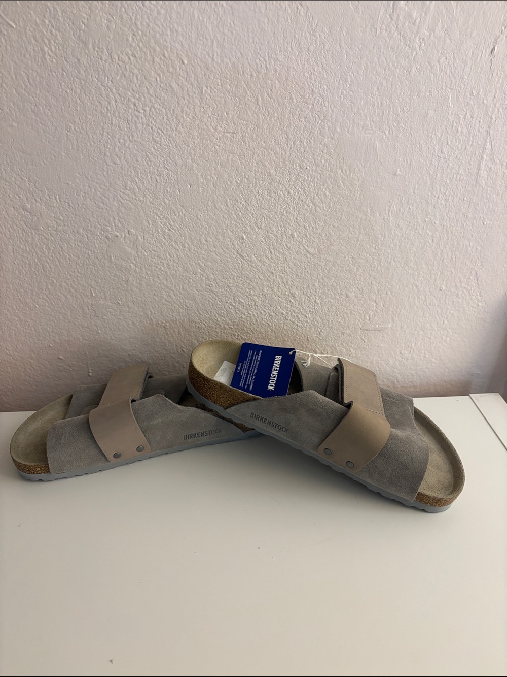 Birkenstock Two-Strap Suede Sandals in Taupe and Gray